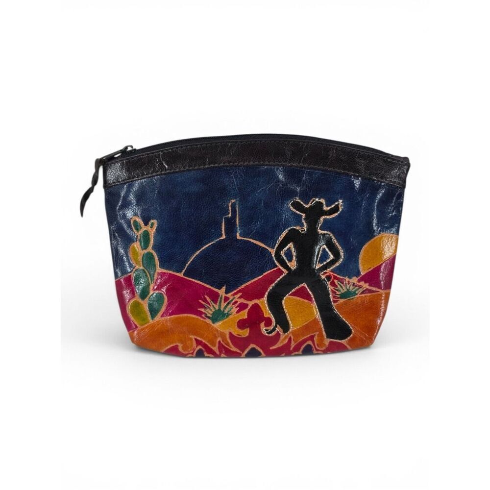 Colorful SouthwesternโLeather Zip Pouch with Cowboy Silhouette Desert Cactus